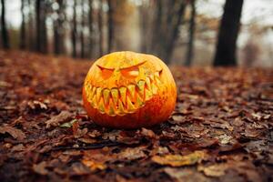 Víspera de Todos los Santos de miedo calabaza en otoño bosque uno calabaza antecedentes foto