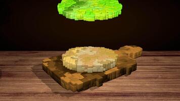 Hamburger with lettuce, tomato, meat, cheese, onion and pickles in pixel style on a wooden table. 3D Animation video