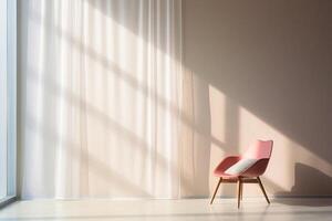 ai generado un rosado silla se sienta en frente de un ventana, con el luz de sol brillante en él. el habitación es vacío y el silla es el solamente pedazo de mueble foto