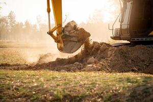 Backhoe working by digging soil at construction site.  Crawler excavator digging on demolition site. Excavating machine. Earth moving machine. Excavation vehicle. Construction business. photo