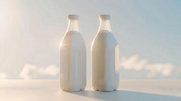 AI generated Glass milk bottle mockup with blank label in cozy kitchen setting for branding template photo