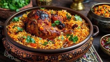 AI generated Arabian Gastronomy A Luxurious Presentation of Flavorful Kabsa photo