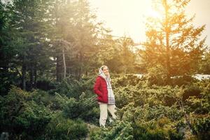 un mujer viajes a el montañas bosque foto