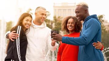 Multi-ethnic group people teenage friends. African-american, asian, caucasian student spending time together Multiracial friendship photo