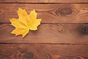 One orange maple autumn leaf lies on vintage wooden background top view photo