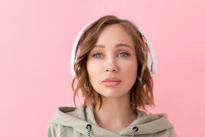 mujer escucha música auriculares rosado antecedentes estudio disparar foto