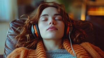 ai generado joven mujer escuchando a un podcast a hogar foto