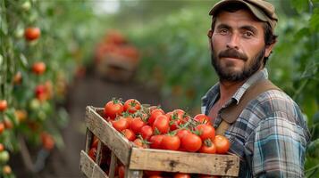 AI generated Male farmer carries a wooden crate full of tomatoes photo