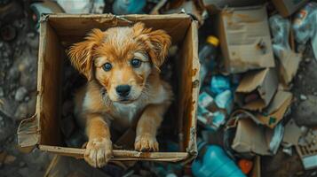 ai generado perrito en un cartulina caja en contra un antecedentes rodeado por basura foto