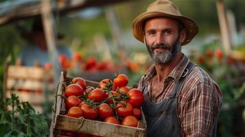 ai generado masculino granjero lleva un de madera caja lleno de Tomates foto