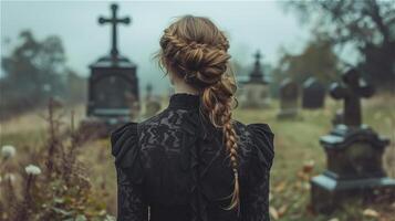 AI generated Back view of woman in black standing in front of the grave photo