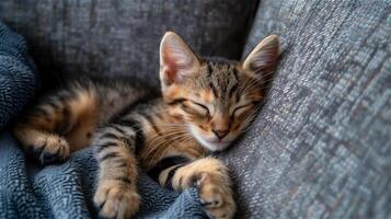 AI generated Kitten sleeping on the sofa photo