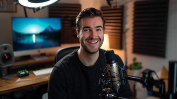 AI generated Smiling man podcaster hosts record audio podcast in home studio photo