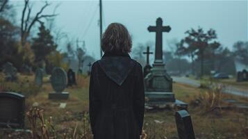 AI generated Back view of woman in black standing in front of the grave photo