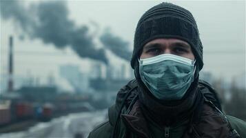 AI generated Man wearing a mask with pollution from industrial background photo