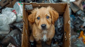 ai generado perrito en un cartulina caja en contra un antecedentes rodeado por basura foto