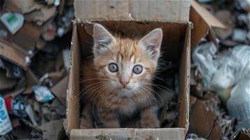 ai generado gatito en un cartulina caja en contra un antecedentes rodeado por basura foto