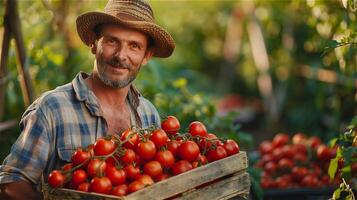 AI generated Male farmer carries a wooden crate full of tomatoes photo