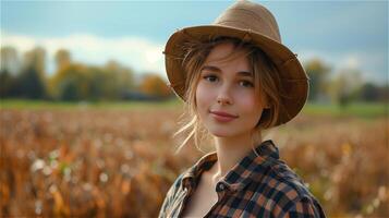 AI generated Beautiful young female farmer with farm background photo