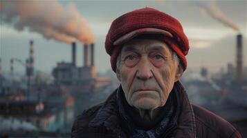 AI generated Unhappy elderly man with pollution from industrial background photo