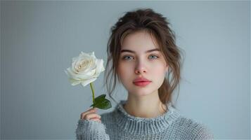 AI generated Beautiful young woman holding a fresh white rose photo