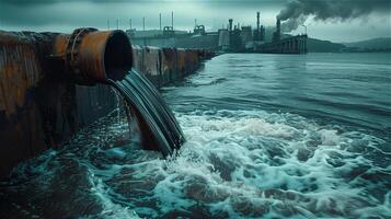ai generado fábrica es liberando aguas residuales dentro el mar foto