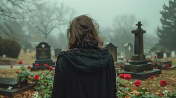 AI generated Back view of woman in black standing in front of the grave photo