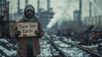 AI generated Young man holds a protest sign that write Save the earth photo