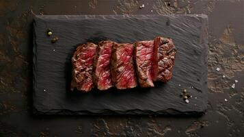 AI generated Cut grill wagyu steak on black slate photo