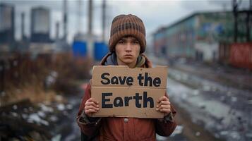 AI generated Young man holds a protest sign that write Save the earth photo