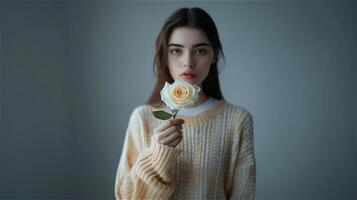 AI generated Beautiful young woman holding a fresh white rose photo