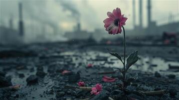 AI generated Flowers dying from air pollution in pollution from industrial background photo