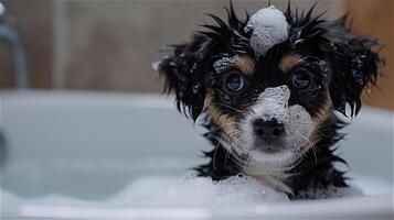 AI generated Puppy is bathing with shampoo and soap bubbles in the bathtub photo