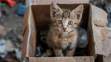 AI generated Kitten in a cardboard box against a background surrounded by trash photo