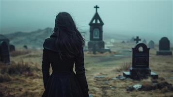 AI generated Back view of woman in black standing in front of the grave photo