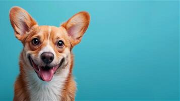 ai generado contento sonriente perro en azul antecedentes foto
