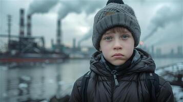 AI generated Unhappy boy with pollution from industrial background photo