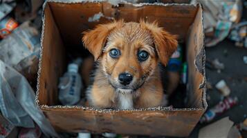 AI generated Puppy in a cardboard box against a background surrounded by trash photo