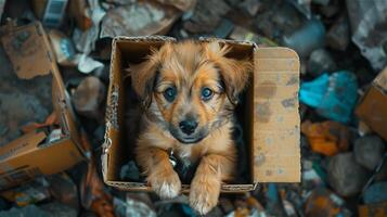 AI generated Puppy in a cardboard box against a background surrounded by trash photo
