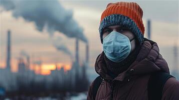 AI generated Man wearing a mask with pollution from industrial background photo