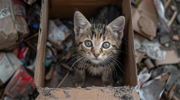 AI generated Kitten in a cardboard box against a background surrounded by trash photo