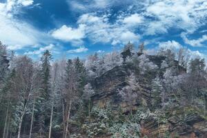 Zschirnstein with snow-covered trees and sunrise in fog, on the summit, hike. photo