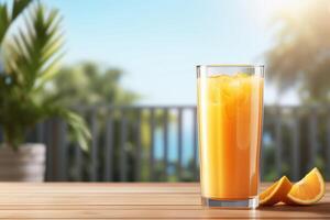 AI generated glass of orange juice on summer background photo
