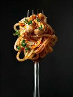 ai generado Fresco mordedura de caliente espaguetis envuelto en tenedor en contra el oscuro negro antecedentes foto