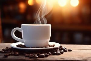 AI generated Cup of coffee with beans on wooden table photo