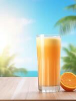 AI generated glass of orange juice on summer background photo