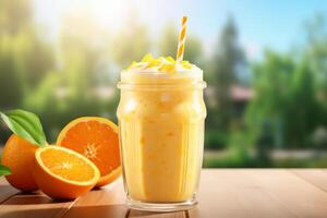 AI generated glass of orange juice on summer background photo