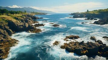 ai generado aéreo ver paisaje de línea costera con Oceano olas y poderoso de mar con marina canal y rocoso costa foto