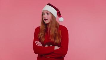 Dissatisfied Christmas girl asking reason of failure, expressing disbelief irritation, feeling bored video