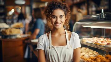 AI generated Smiling and Cheerful mature Caucasian woman baker working in small bakery shop in cafe photo